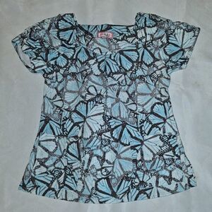 Koi Demi Style Scrub Top With Blue & Black Butterflies Size Small